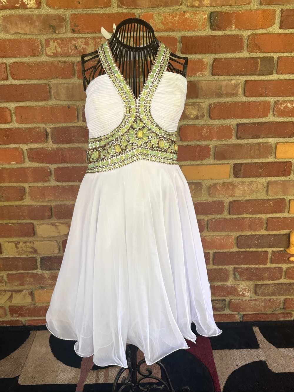 Embellished White Halter Homecoming Dress with Green Accents